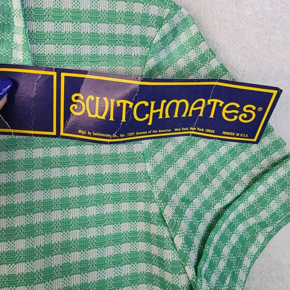 1970s Switchmates Small Gingham Pointy Collar Green Polo Shirt Deadstock Retro - Picture 7 of 9